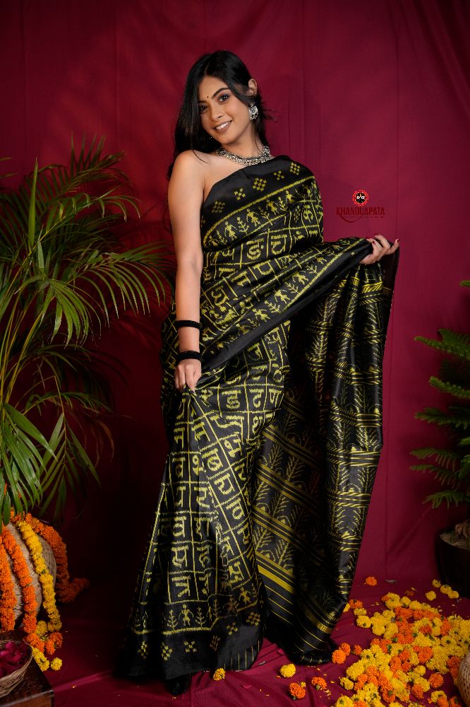 khanduapata Black & Bright Yellow Colour Hindi Alphabet Design Silk Saree For Women | Grocsy
