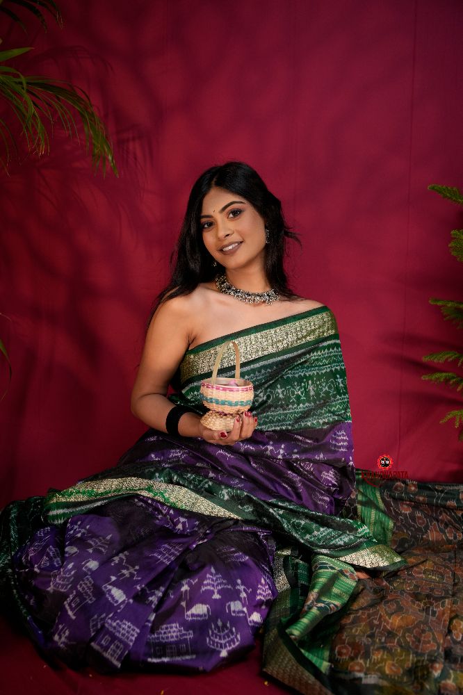 khanduapata Green & Purple Colour Floral Design Silk Saree For Women | Grocsy
