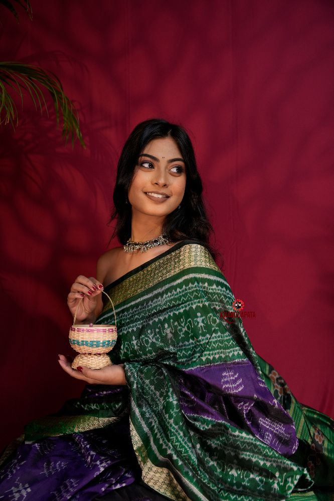 khanduapata Green & Purple Colour Floral Design Silk Saree For Women | Grocsy