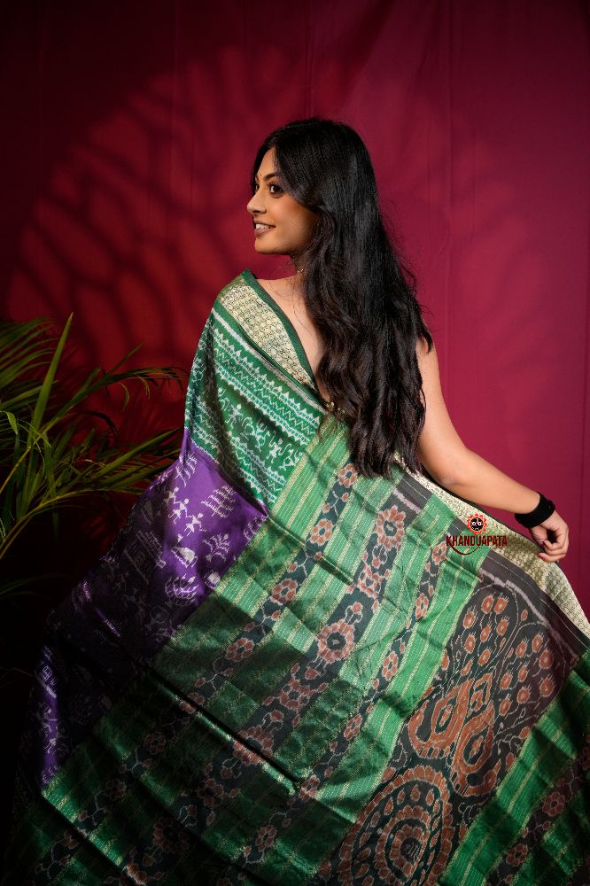 khanduapata Green & Purple Colour Floral Design Silk Saree For Women | Grocsy