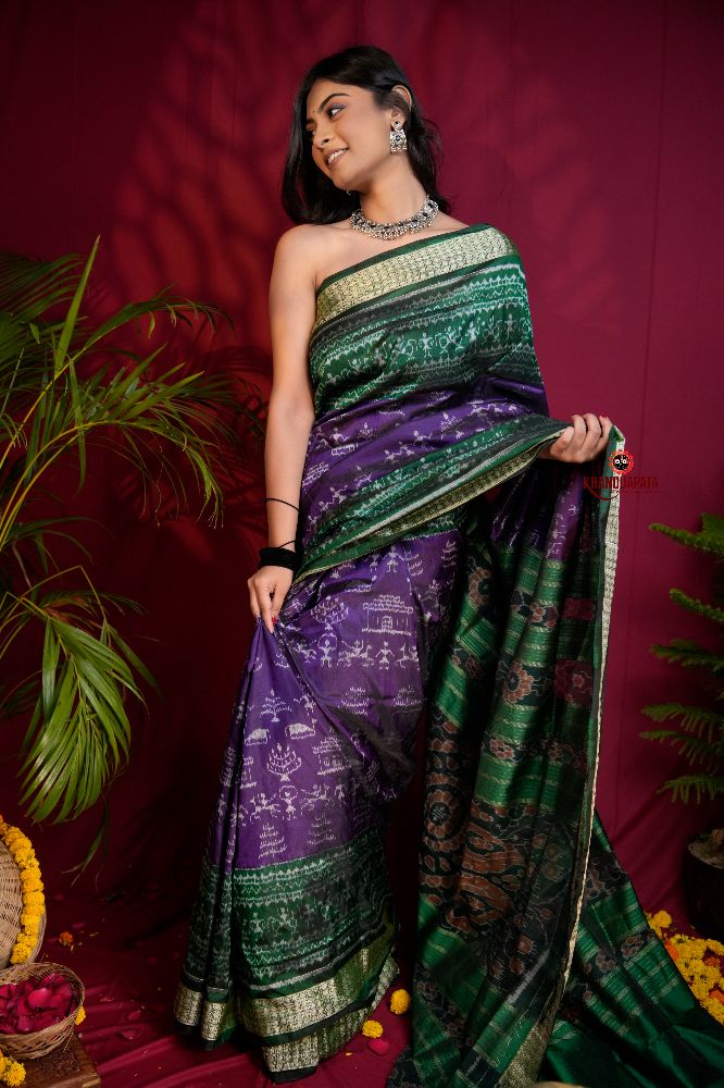 khanduapata Green & Purple Colour Floral Design Silk Saree For Women | Grocsy