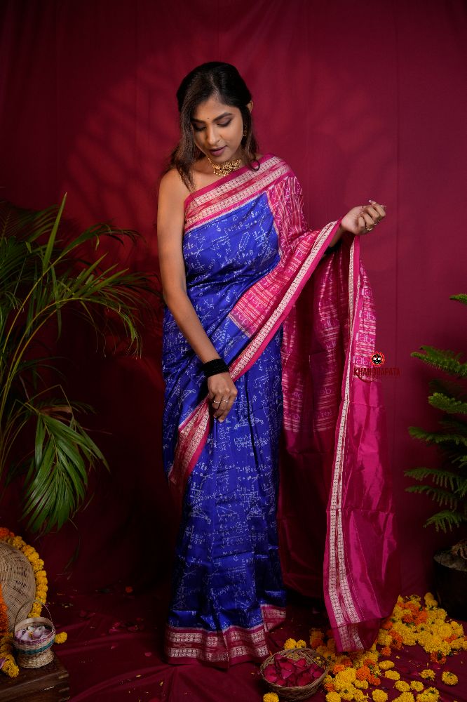 khanduapata Red & Blue Colour Geometric Design Silk Saree For Women | Grocsy