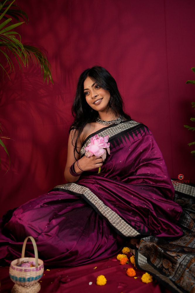 khanduapata Black & Magenta Colour Dot Design Silk Saree For Women | Grocsy