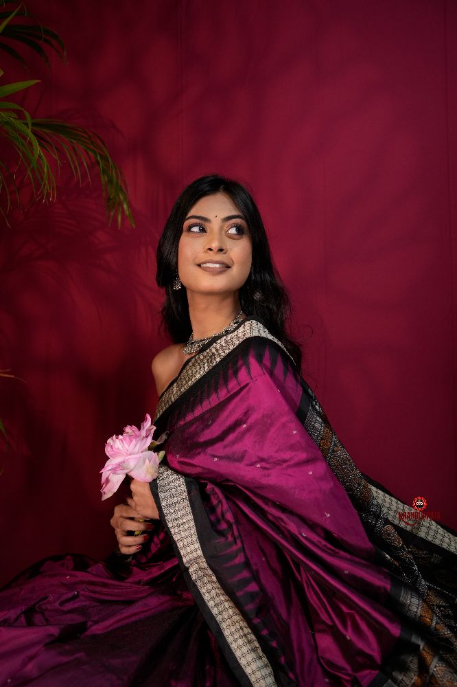 khanduapata Black & Magenta Colour Dot Design Silk Saree For Women | Grocsy