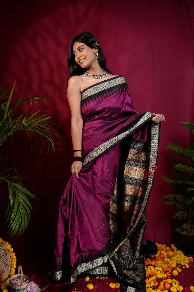 khanduapata Black & Magenta Colour Dot Design Silk Saree For Women | Grocsy