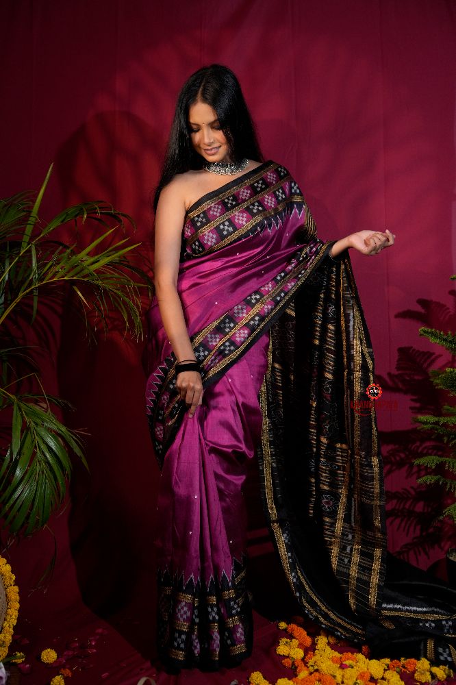 khanduapata Magenta Colour Double Border Dot Design Silk Saree For Women | Grocsy