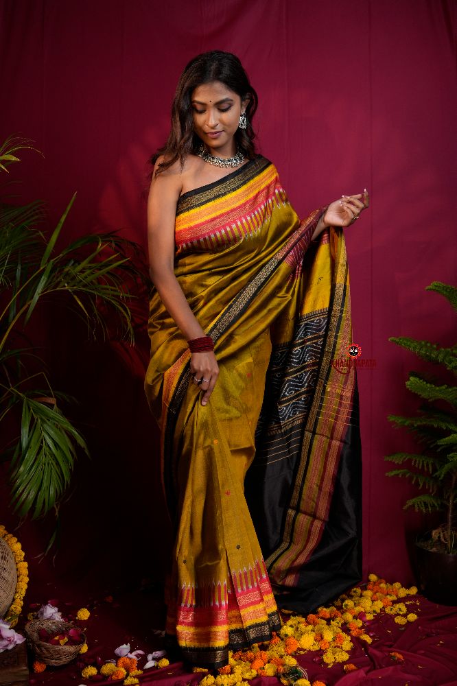 khanduapata Black & Mustard Yellow Multi Colour Dot Design Silk Saree For Women | Grocsy
