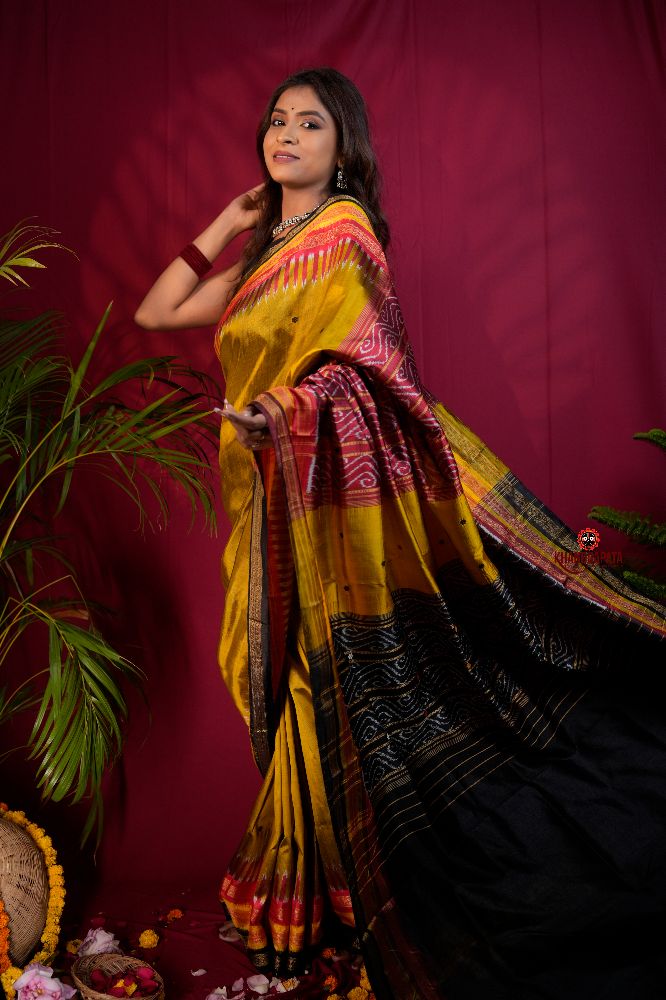 khanduapata Black & Mustard Yellow Multi Colour Dot Design Silk Saree For Women | Grocsy