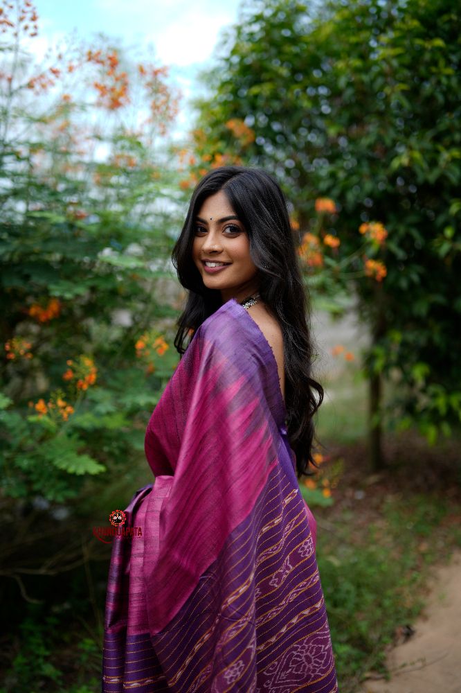 khanduapata Blue & Pink Colour Plain Tussar Silk Saree For Women | Grocsy