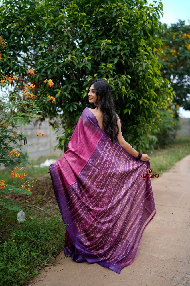 khanduapata Blue & Pink Colour Plain Tussar Silk Saree For Women | Grocsy