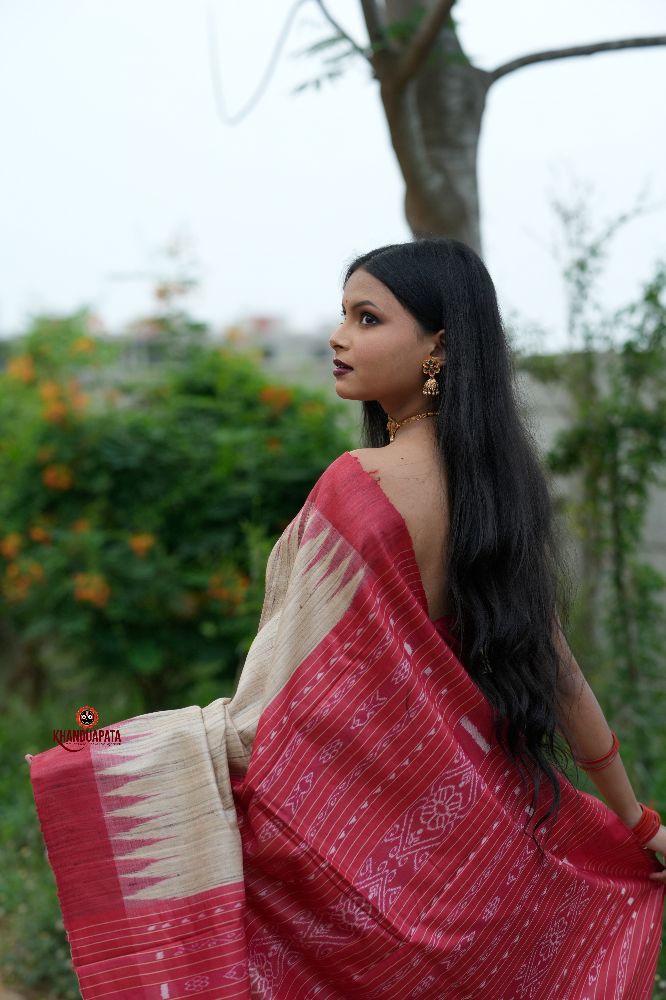 khanduapata Red & Beige Colour Plain Tussar Silk Saree For Women | Grocsy