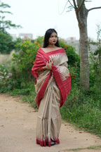 khanduapata Red & Beige Colour Plain Tussar Silk Saree For Women | Grocsy