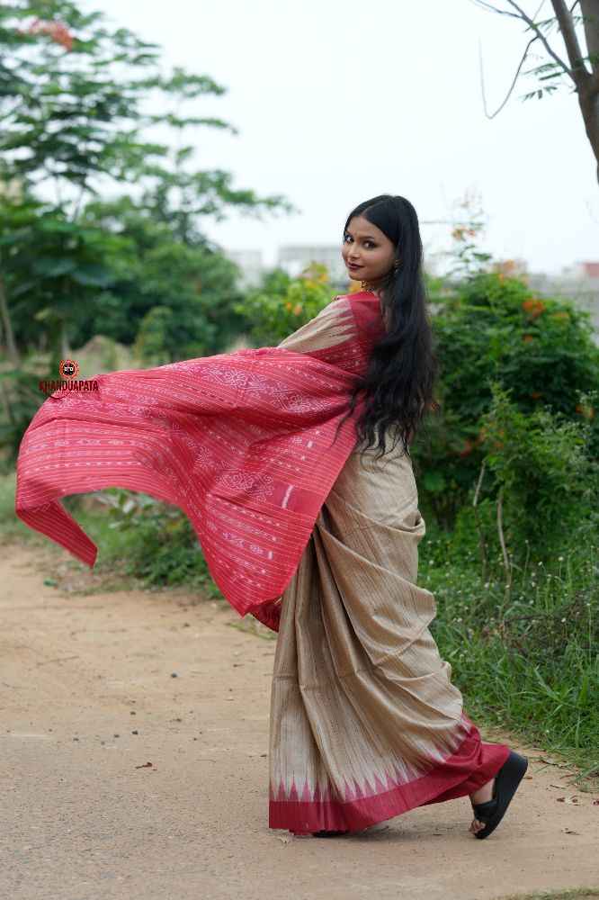 khanduapata Red & Beige Colour Plain Tussar Silk Saree For Women | Grocsy
