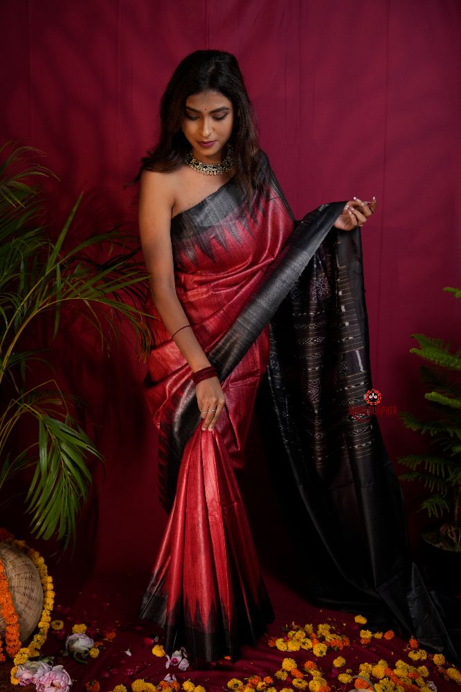 khanduapata Black & Red Colour Plain Tussar Silk Saree For Women | Grocsy