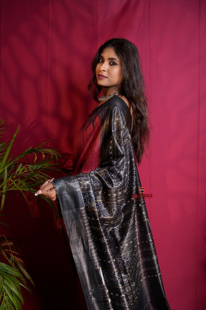 khanduapata Black & Red Colour Plain Tussar Silk Saree For Women | Grocsy