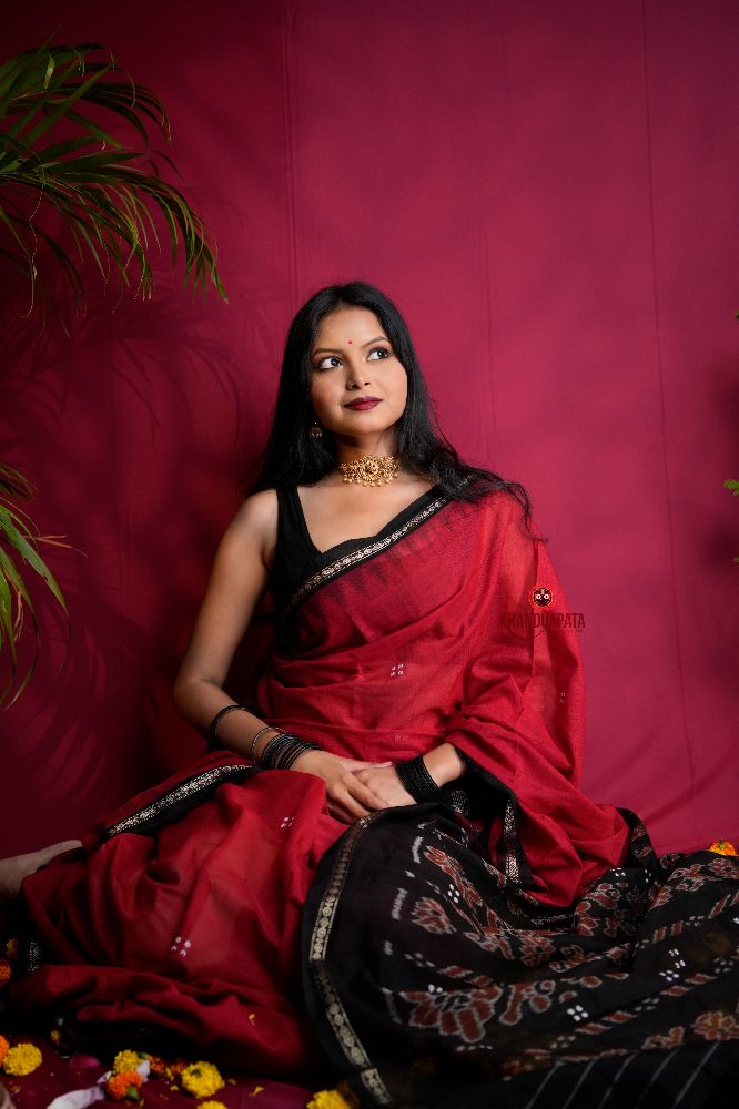 khanduapata Red & Black Dot Design Cotton Saree For Women | Grocsy