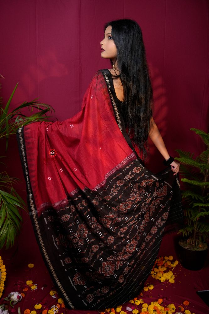 khanduapata Red & Black Dot Design Cotton Saree For Women | Grocsy