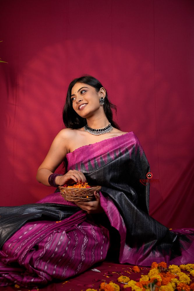 khanduapata Black & Pink Colour Plain Tussar Silk Saree For Women | Grocsy