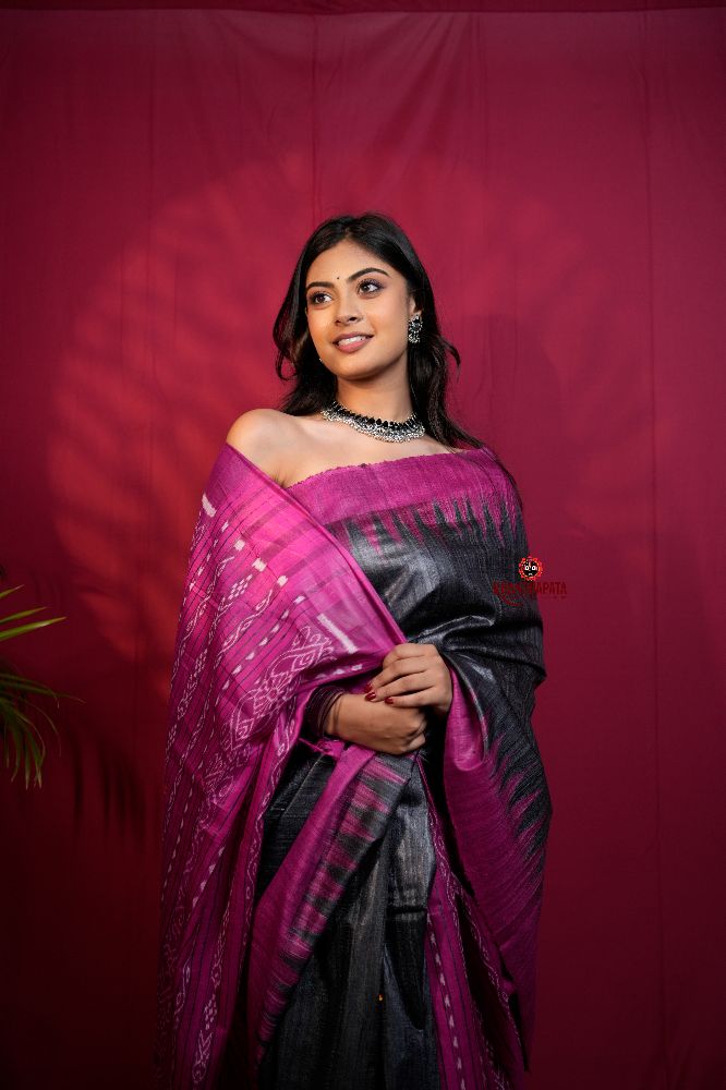 khanduapata Black & Pink Colour Plain Tussar Silk Saree For Women | Grocsy