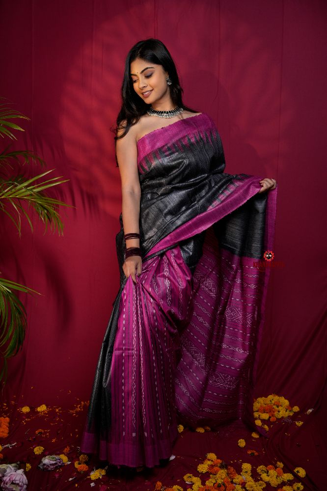 khanduapata Black & Pink Colour Plain Tussar Silk Saree For Women | Grocsy