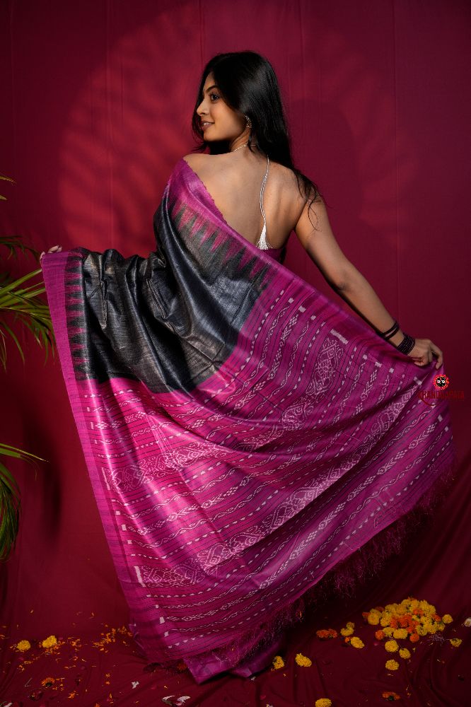 khanduapata Black & Pink Colour Plain Tussar Silk Saree For Women | Grocsy