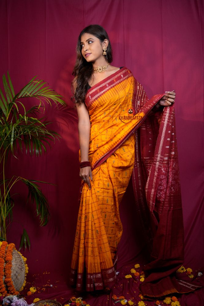 khanduapata Red & Yellow Colour Fish Design Cotton Saree For Women | Grocsy