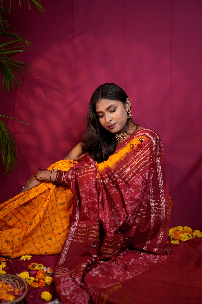 khanduapata Red & Yellow Colour Fish Design Cotton Saree For Women | Grocsy