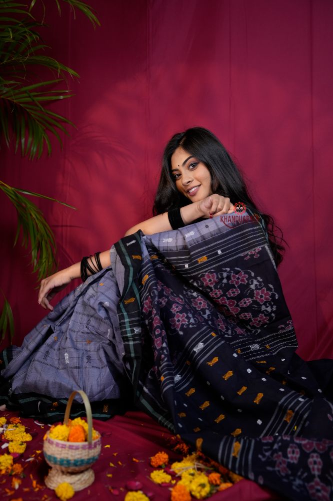 khanduapata Grey & Black Colour Body Design Cotton Saree For Women | Grocsy