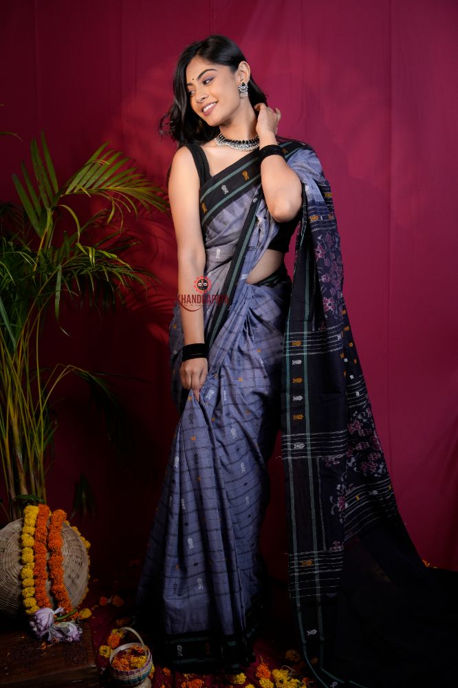 khanduapata Grey & Black Colour Body Design Cotton Saree For Women | Grocsy