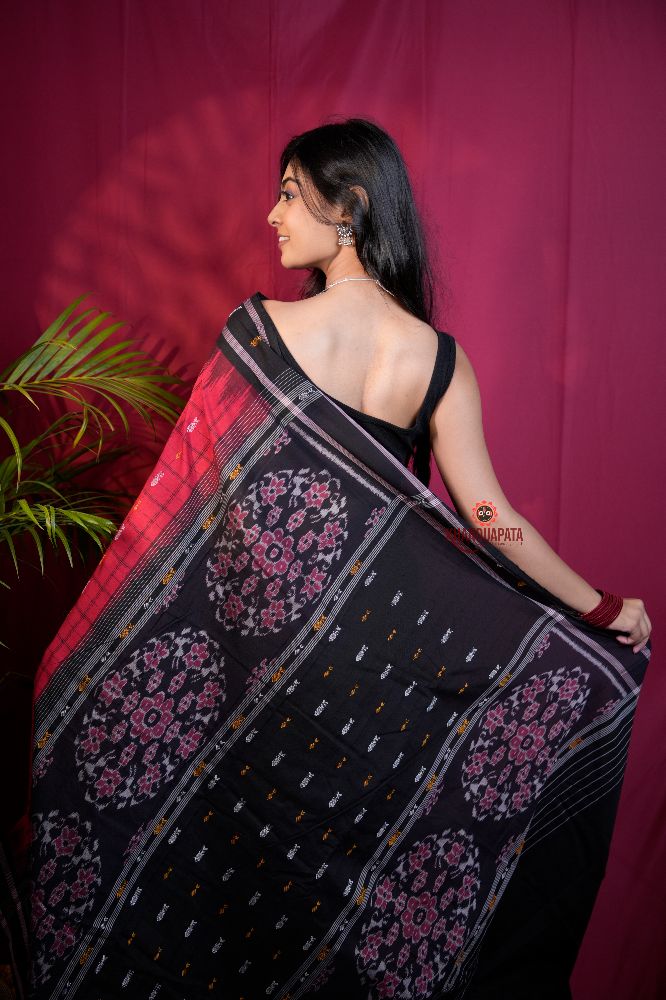 khanduapata Red & Black Colour Fish Design Cotton Saree For Women | Grocsy