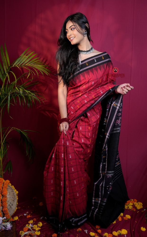 khanduapata Red & Black Colour Fish Design Cotton Saree For Women | Grocsy