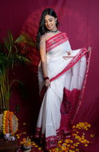 khanduapata White & Red Double Border Design Cotton Saree For Women | Grocsy