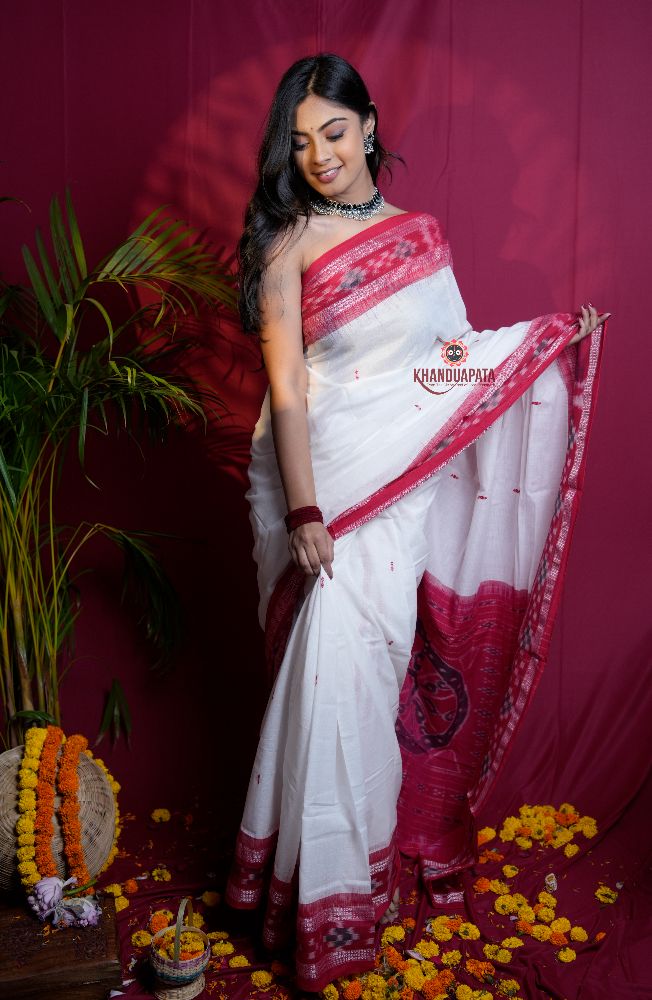 khanduapata White & Red Double Border Design Cotton Saree For Women | Grocsy