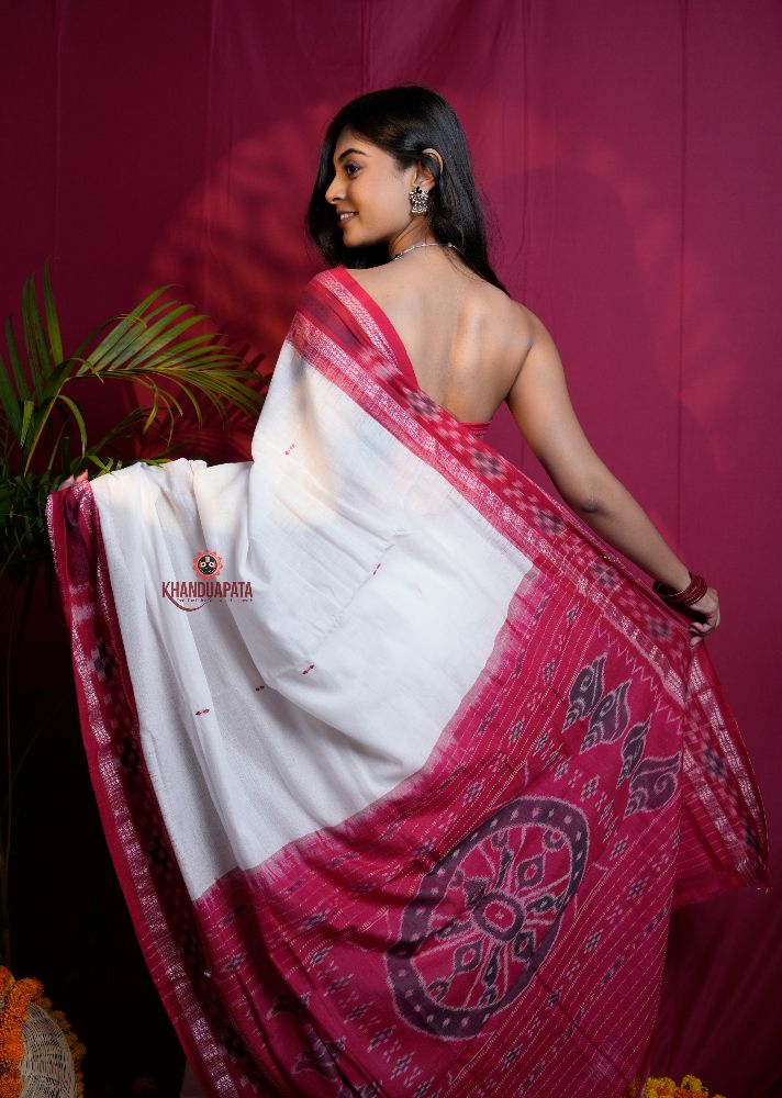 khanduapata White & Red Double Border Design Cotton Saree For Women | Grocsy