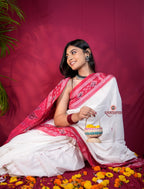 khanduapata White & Red Double Border Design Cotton Saree For Women | Grocsy