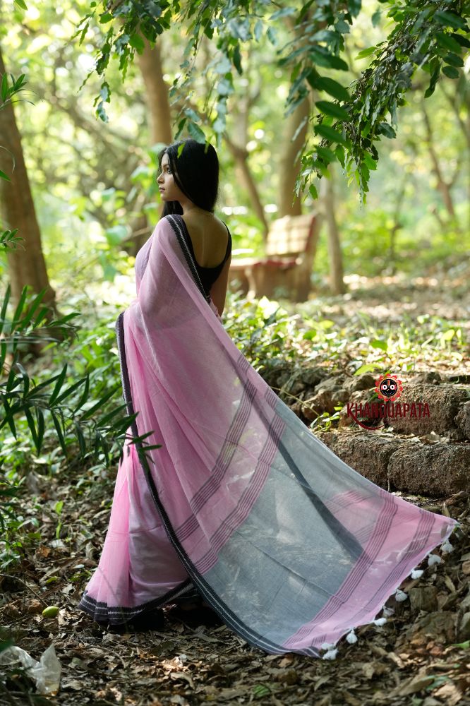khanduapata Pink and Black Colour Plain Cotton Saree For Women | Grocsy