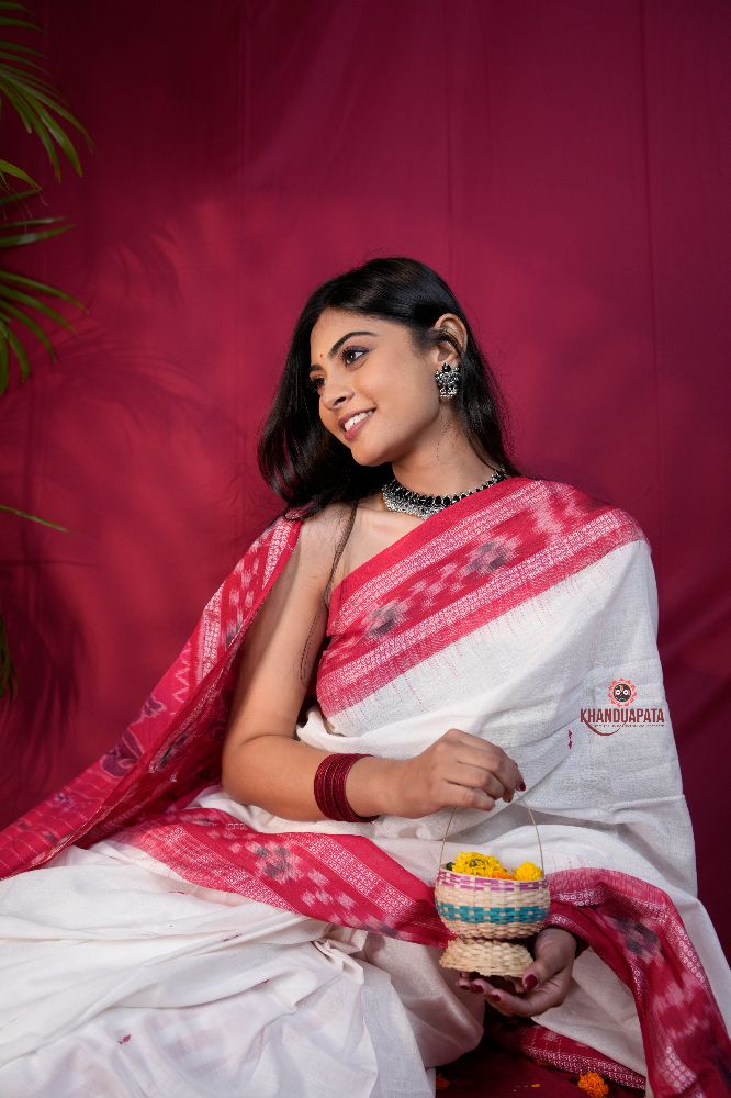 khanduapata White & Red Double Border Design Cotton Saree For Women | Grocsy