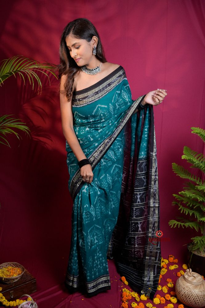 khanduapata Black & Turquoise Blue Colour Tribal Design Cotton Saree For Women | Grocsy