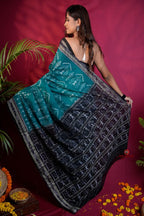 khanduapata Black & Turquoise Blue Colour Tribal Design Cotton Saree For Women | Grocsy