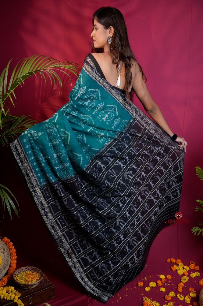 khanduapata Black & Turquoise Blue Colour Tribal Design Cotton Saree For Women | Grocsy