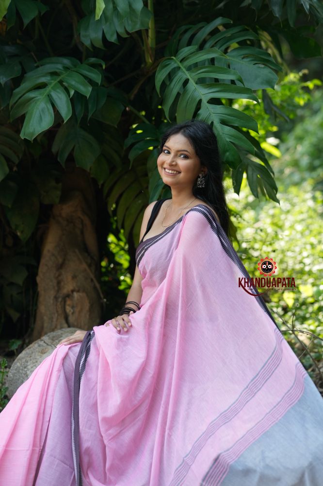 khanduapata Pink and Black Colour Plain Cotton Saree For Women | Grocsy
