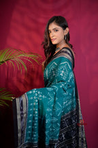 khanduapata Black & Turquoise Blue Colour Tribal Design Cotton Saree For Women | Grocsy