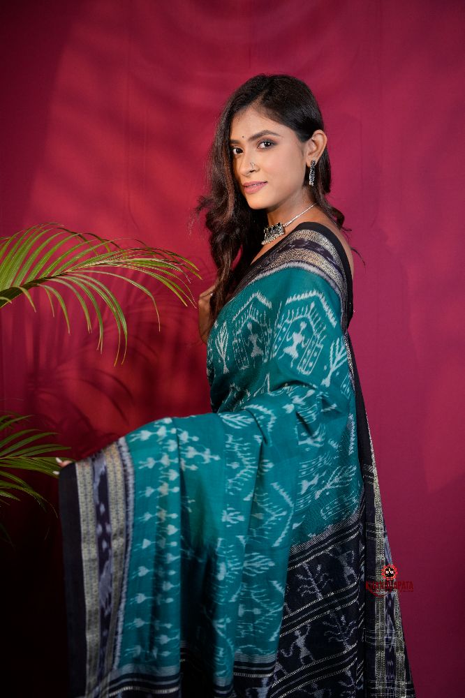 khanduapata Black & Turquoise Blue Colour Tribal Design Cotton Saree For Women | Grocsy