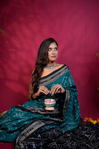 khanduapata Black & Turquoise Blue Colour Tribal Design Cotton Saree For Women | Grocsy