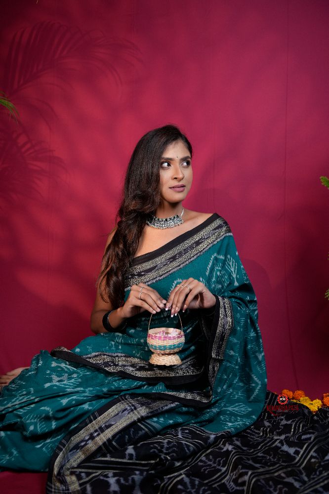 khanduapata Black & Turquoise Blue Colour Tribal Design Cotton Saree For Women | Grocsy