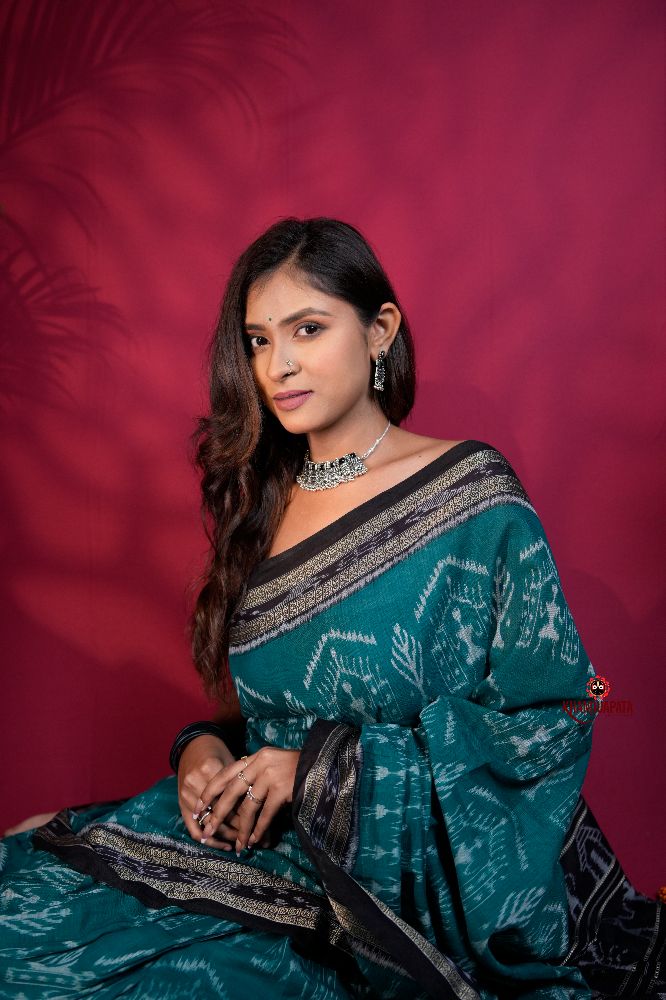 khanduapata Black & Turquoise Blue Colour Tribal Design Cotton Saree For Women | Grocsy