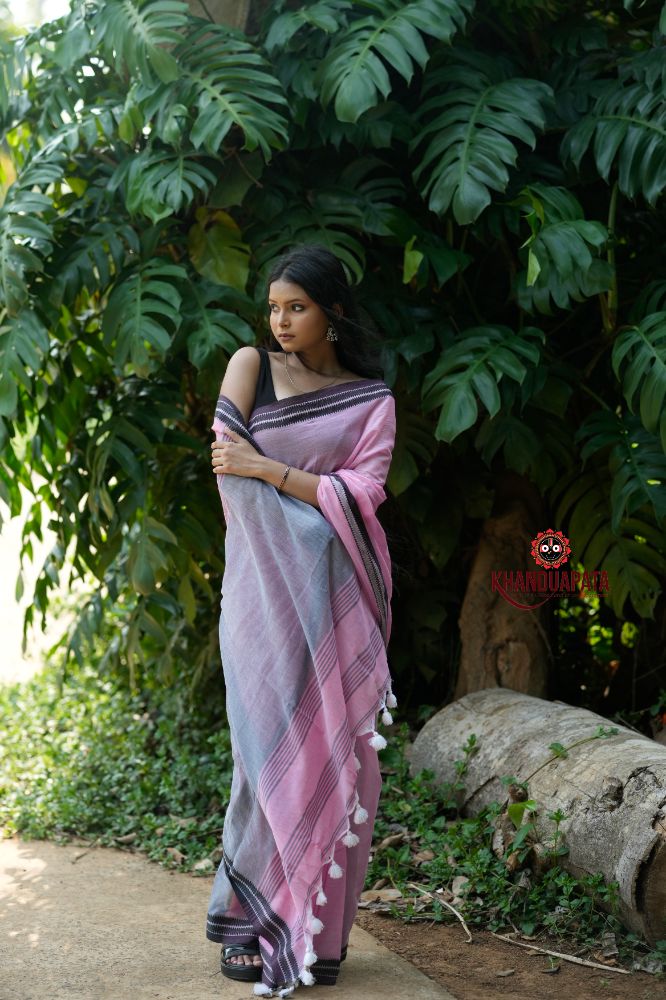 khanduapata Pink and Black Colour Plain Cotton Saree For Women | Grocsy