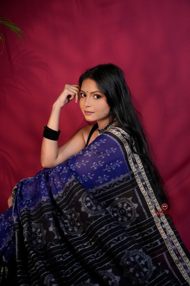 khanduapata Blue & Black Colour Body Design Cotton Saree For Women | Grocsy