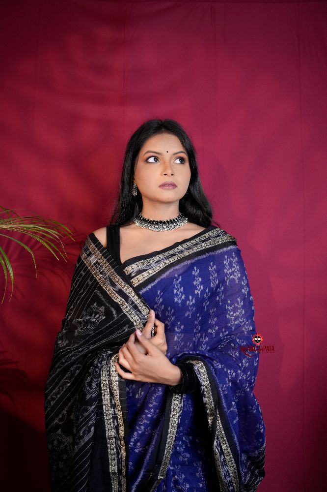 khanduapata Blue & Black Colour Body Design Cotton Saree For Women | Grocsy