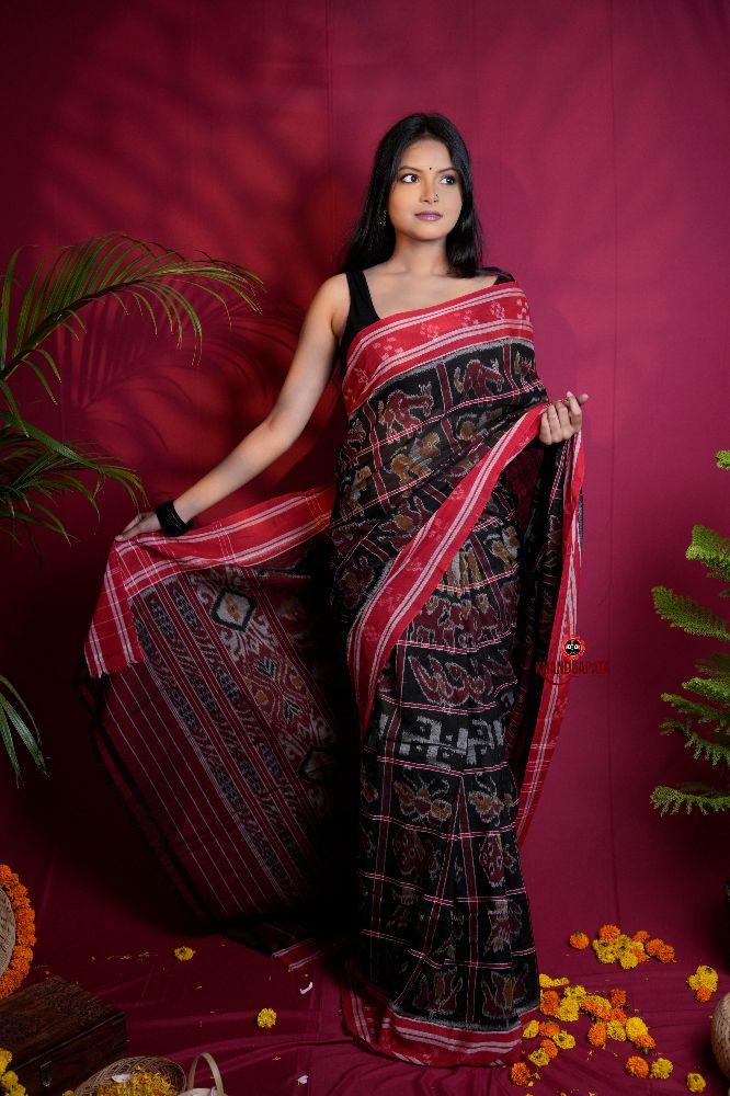 khanduapata Black & Red Colour Navakothi Design Cotton Saree For Women | Grocsy